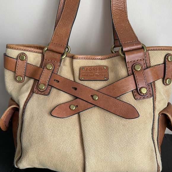 Fossil Bags Fossil Tan Canvas Leather Tote Bag Purse Long Live